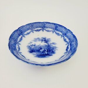 Antique Ridgway Flow Blue Soup Bowl c1840s Charles Dickens Countryside Scene
